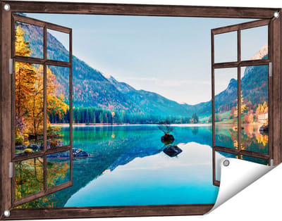 Gards Tuinposter Doorkijk Meer met Herfstbomen - 90x60 cm - Tuindoek - Tuindecoratie - Wanddecoratie buiten - Tuinschilderij