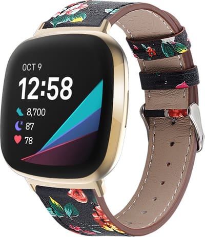 By Qubix - Compatible Fitbit bandje - geschikt voor Fitbit Versa 3/4 & Sense 1/2 leren bandje - Bloemenprint Smartwatchbandje bandje Armband Polsband Strap Band Watchband