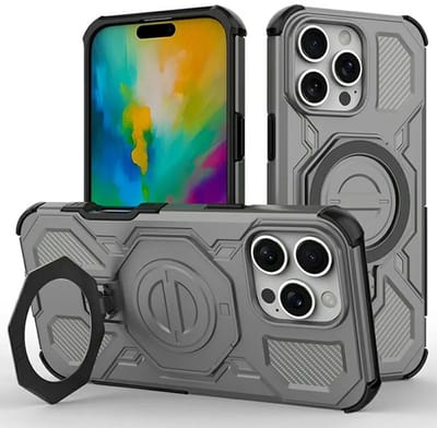 Hoesje geschikt voor Apple iPhone 16 Pro Max | Compatibel met MagSafe / Qi2 | 360° Draaibare Magnetische Standaard | Back Cover Kickstand Ring | Grijs