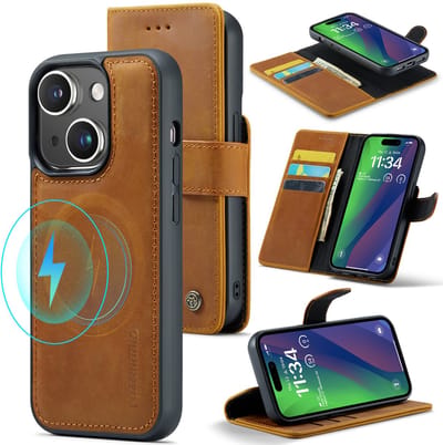 Casemania Echt Leren Hoesje Geschikt voor Apple iPhone 15 Plus - Sienna Brown - 2-in-1 Magnetisch Afneembare Book Case - Portemonnee Hoes met Pasjeshouder - Geschikt voor MagSafe