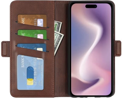 Mobiq - PU Lederen Wallet Hoesje met Sluiting geschikt voor iPhone 17 - donkerbruin