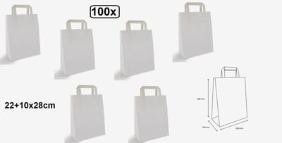 100x Papieren tas wit platte handgreep 22x10x28cm- Tasje goodiebag festival uitdeel thema feest verpakking
