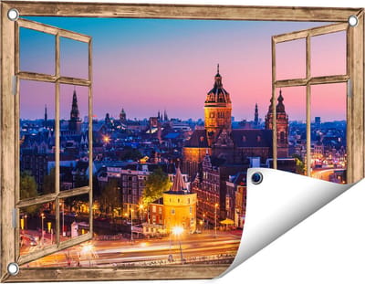 Gards Tuinposter Doorkijk Amsterdam Skyline bij Zonsondergang - 60x40 cm - Tuindoek - Tuindecoratie - Wanddecoratie buiten - Tuinschilderij