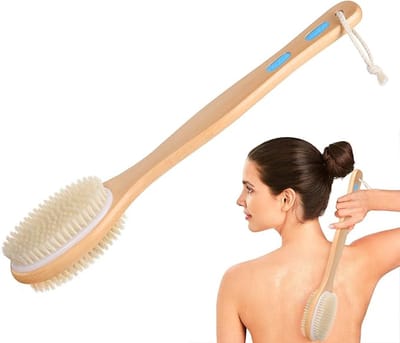 Body Brush Back Scrubber, lange steel bad douche borstel met zachte en stijve haren, dubbelzijdige borstelkop voor nat of droog borstelen, exfoliërende massage