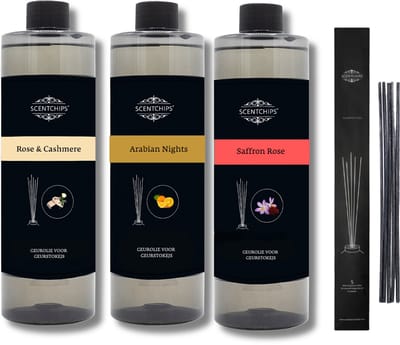 Navulling Rose & Cashmere + Arabian Nights + Saffron Rose + Geurstokjes - Geurstokjes Navulling Set van 3 + 5 Geurstokjes - Geurverspreider - Luchtverfrisser - Huisparfum - 400ml x 3