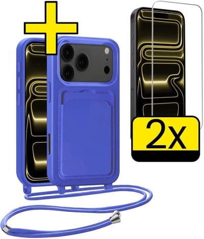 Hoesje Geschikt voor iPhone 17 Pro Telefoonhoesje Met Koord Case Pashouder Met 2x Screenprotector Siliconen - Hoes Geschikt voor iPhone 17 Pro Hoesje Met Kaarthouder - Felblauw