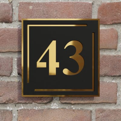 Huisnummerbord voordeur - Vierkant kader - 15 cm - zwart/goud