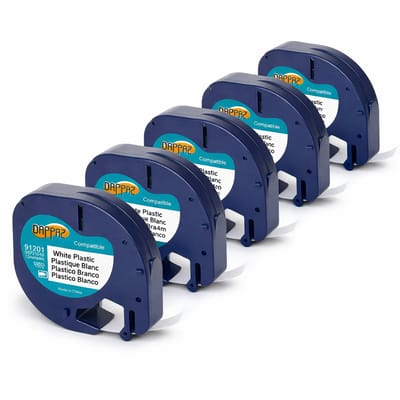 5 stuks Plastic Labels 91201 geschikt voor Dymo LetraTag Labelprinter - Zwart op Wit - 12 mm x 4 m - S0721610 Labeltape - Dappaz