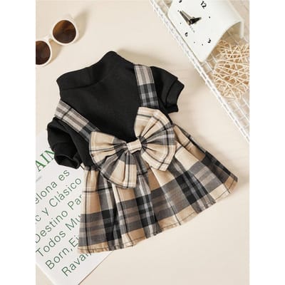 1 pièce Robe à Bretelles à Carreaux Manches Bouffantes Col Haut Oversize Nœud Papillon pour Animaux de Compagnie, Convient aux Chats et Chiens au Printemps et en Automne XS kaki