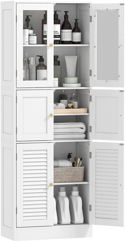 HOMCOM - Badkamerkast (vloermodel) - MDF, glas - 60 x 30 x 170 cm - Wit