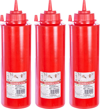 CM Doseerfles/sausfles rood - 3x - kunststof - met schenktuit - 500 ml - 25 x 6 cm - Pannenkoeken/poffertjes