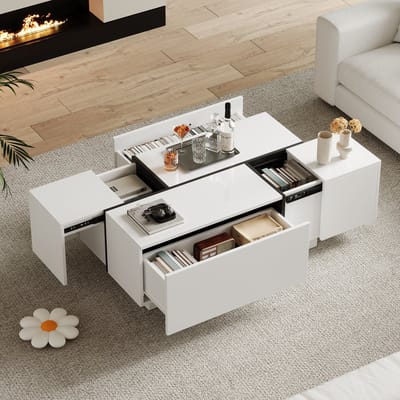 MODENUIT Salontafel - 4 Laden En Hoogglans Blad - Voor Woonkamer - Spaanplaat Wit Met Zwart - 100x60x40 Cm
