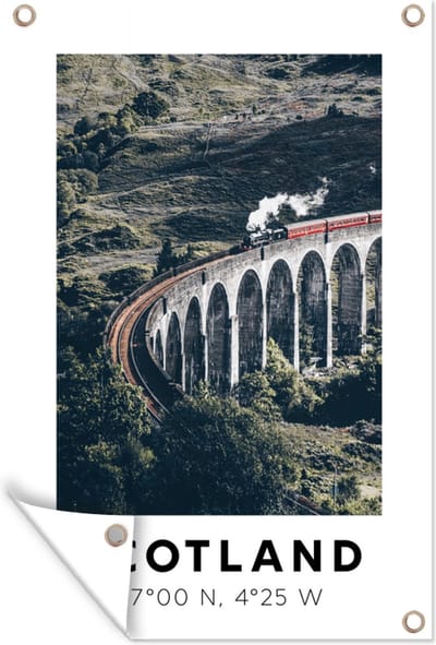 Muurdecoratie Schotland - Trein - Brug - 120x180 cm - Tuinposter - Tuindoek