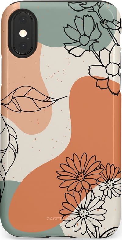 Casetastic hoesje geschikt voor Apple iPhone X / Apple iPhone XS - Dubbellaagse bescherming - Lijnenspel Botanisch - Fashion Case - Crème Saliegroen Perzik