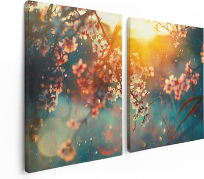 Artaza Canvas Schilderij Tweeluik Bloesemboom Tijdens Zonsondergang - Bloem - 120x80 cm - Wanddecoratie Woonkamer - Schilderijen - Muurdecoratie