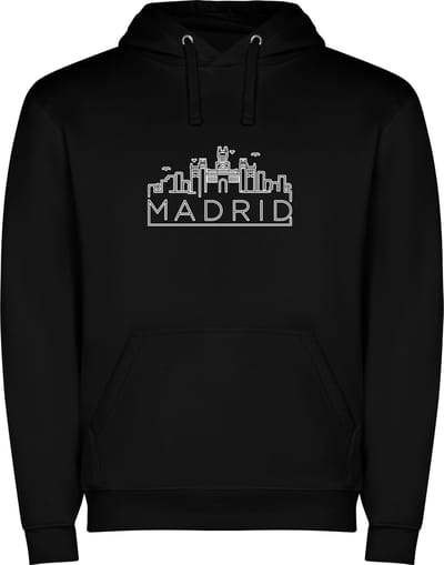 Zwarte unisex hoodie met “ Skyline Madrid Spanje – Vakantiegevoel – Strak – Modern “ Print Full Color Color merk Roly maat S