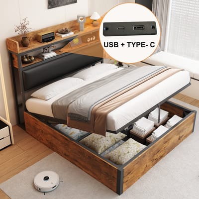 Tweepersoonsbed 140 x 200 cm - met USB-aansluiting - met zacht gestoffeerd hoofdeinde - met opbergruimte - zwart - zonder matras