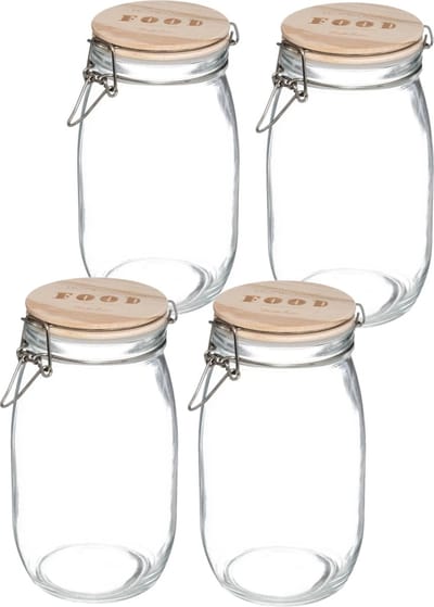 5Five Weckpot/voorraadpot - 4x stuks - 1,5L - glas - houten deksel en beugelsluiting - luchtdichte afsluiting