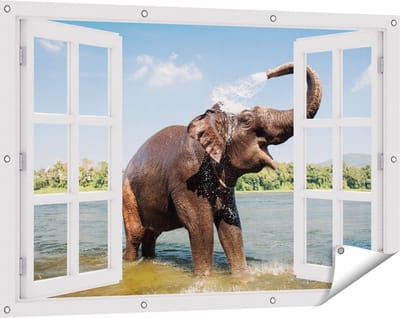 Gards Tuinposter Doorkijk Vrolijke Olifant in het Water - 120x80 cm - Tuindoek - Tuindecoratie - Wanddecoratie buiten - Tuinschilderij