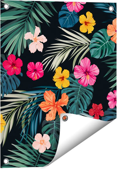 Gards Tuinposter Getekende Tropische Bloemen - Abstract - 40x50 cm - Tuindoek - Tuindecoratie - Wanddecoratie buiten - Tuinschilderij