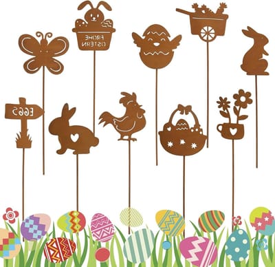 Tuinstekers Set - Roestdecoratie Buiten - Feestelijke Tuindecoratie - Stabiel Weerbestendig Metaal - 10 Stuks - Roestbruin