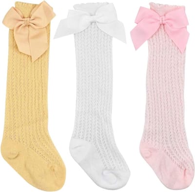 Schattige meisjes kniekousen met strik, gebreide visnetkousen voor baby's van 0-2 jaar in wit, roze en geel, ideaal voor feestjes en dagelijks gebruik.