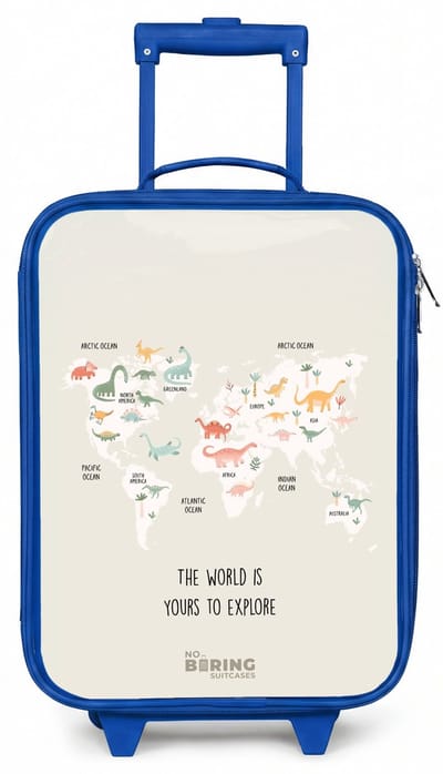 NoBoringSuitcases.com® - Kinderkoffer blauw - Kindertrolley jongen - Dino wereldkaart - Koffer kind lichtgewicht - Reiskoffer trolley voor kinderen - Koffertje met lichtgevende wieltjes - Rolkoffer