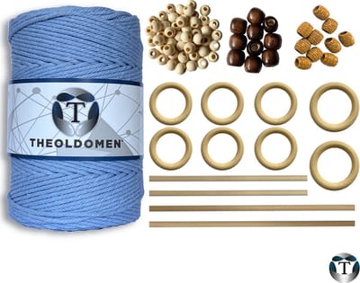 Macramé Pakket | 200 METER | Incl. Handleiding | Lichtblauw | Starter Set | Ringen | Kralen |Stokken | Macramé Touw | 3mm | 100% Katoen | Macramé | Decoratie | DIY | Doe Het Zelf | Wandkleed | Dromenvanger | Plantenhanger | Tassen | TheOldOmen |