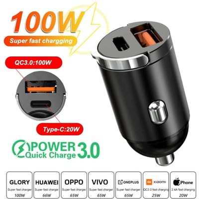 Mini 100W USB-autolader PD-autolader Snel opladende autotelefoonoplader PD+QC3.0 100W zwart