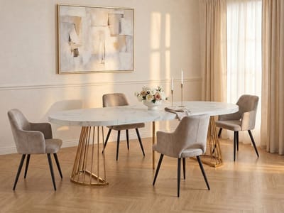 Vente-unique Set tafel FIRELA + 4 stoelen KADIJA - Wit marmereffect en beige