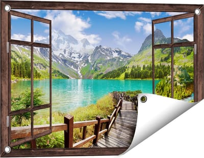 Gards Tuinposter Doorkijk Pad naar een Helder Blauw Meer in de Bergen - 60x40 cm - Tuindoek - Tuindecoratie - Wanddecoratie buiten - Tuinschilderij