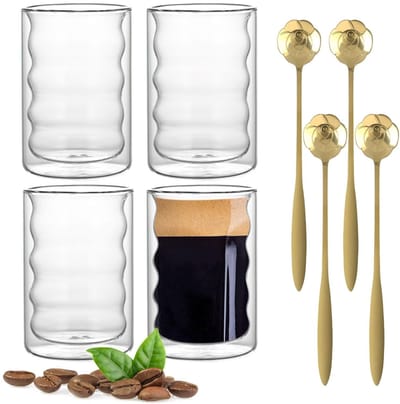 Dailygoods- Latte Macchiato Glazen 350 ml - Dubbelwandige Glazen - Thermoglazen - Koffiekopjes - Set van 4 - Inclusief Roestvrijstalen Lepels