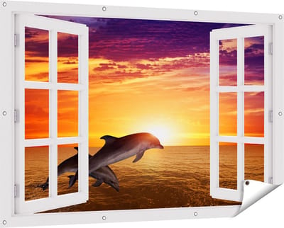 Gards Tuinposter Doorkijk Twee Dolfijnen bij de Zonsondergang - 150x100 cm - Tuindoek - Tuindecoratie - Wanddecoratie buiten - Tuinschilderij