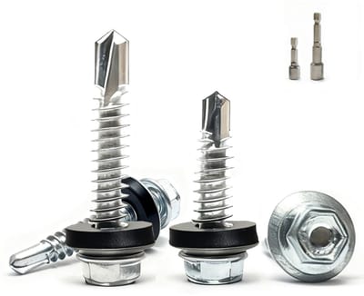 Plaatschroeven 6,3 x 25 mm zelftappende schroeven zilver plaatschroeven met afdichting met 2 stuks zeskantige bit steeksleutelset verzinkt boorschroeven