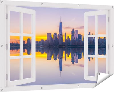 Gards Tuinposter Doorkijk New York Skyline bij Zonsopgang - 150x100 cm - Tuindoek - Tuindecoratie - Wanddecoratie buiten - Tuinschilderij