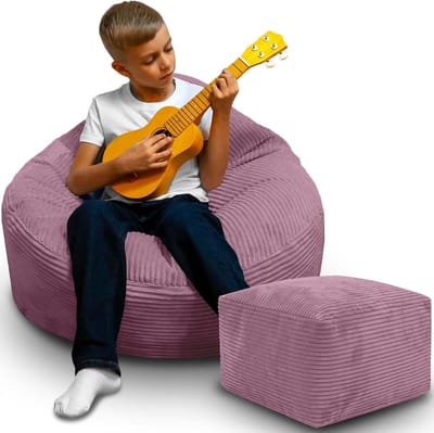 DreamRoots Zitzak voor Volwassenen & Kinderen – Corduroy Bean Bag Stoel met Voetsteun & Hoes – Inclusief Vulling – 70x70x70 cm – Plum Smoothie
