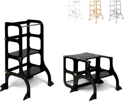 Ette Tete Step 'n Sit - Leertoren - Zwart met gouden clips - Inklapbaar tot tafel en stoel - Met extra support - Learning Tower - Montessori inspired - Keukentrap - Keukenhulp - Leerstoel - Veilig -Duurzaam
