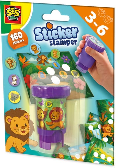 SES Creative Sticker Stamper - Jungledieren - Knutselen - Voor Kinderen Vanaf 3 Jaar - 6 Kaarten en 160 Stickers
