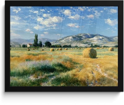 Poster in lijst - Fotolijst 40x30 cm - Posters - Landschap - Strobalen - Bergen - Wolken - Posterlijst zwart - Decoratie - Wanddecoratie woonkamer - Muurdecoratie slaapkamer