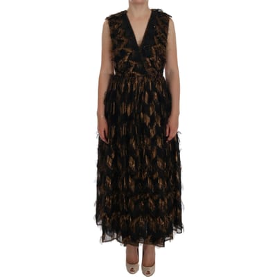 Dolce & Gabbana Vrouwen Zwart Zijde Bruin Franje A-Line Jurk