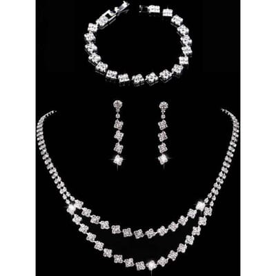 Bracelet Géométrique Double Bracelet de Mariée Ensemble de Bijoux Chaîne à Griffes Diamant Style Simple Collier Boucles d'Oreilles Bijoux blanc
