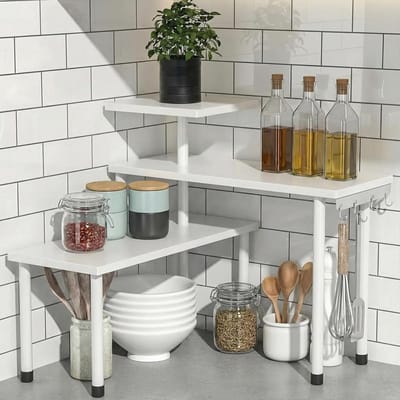 Keukenhoekrek - Kruidenrek Organizer - Werkblad Opbergen - 3 Etages met Haken - 45x22x6cm - Wit