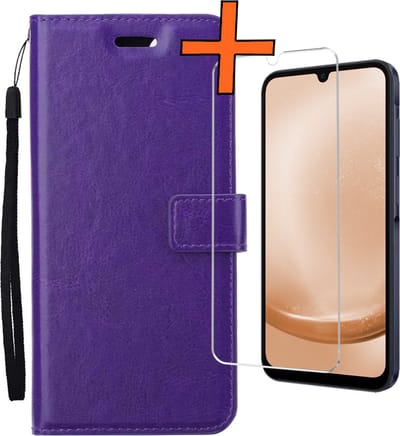 Hoes - Met Screenprotector - Geschikt voor Samsung Galaxy A25 - Luxe Pasjeshouder - Bookcase Portemonee - Flip Case - Kunstleer Book Case - Flipcase - Book Cover - Walletcase - PortemonneeHoes - Paars