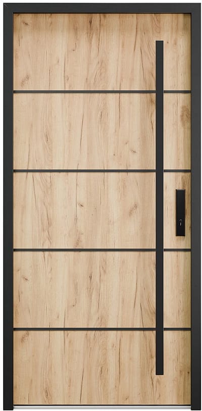 Vente-unique Stalen voordeur met rvs en massief paneel H 207 x B 100 cm eiken effect - 68 cm dikte - links duwend - LUSADA
