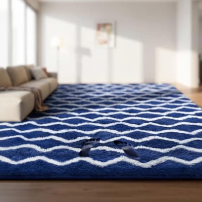 Maison Elara Vloerkleed Woonkamer Hoogpolig Gestreept 160x230 cm - Antislip Wasbaar Shaggy - Marineblauw en Wit