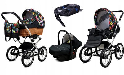 BabyLux® Kinderwagen 4in1 - CLASSIC EXCLUSIVE - GARDEN FLOWERS SILVER FRAME - Opklapbare Wandelwagen incl. Reiswieg, Multifunctionele Buggy Sportstoel, Autostoel, ISOFIX basisstation - Combi-kinderwagen met Luiertas, Regenhoes, Klamboe