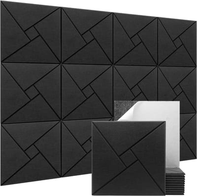 12 stuks geluidsisolerende wandpanelen - Zelfklevende akoestische panelen, geluidsabsorberende panelen met hoge dichtheid voor wanden, deuren en plafonds, 30,5 x 30,5 x 1 cm - Zwart