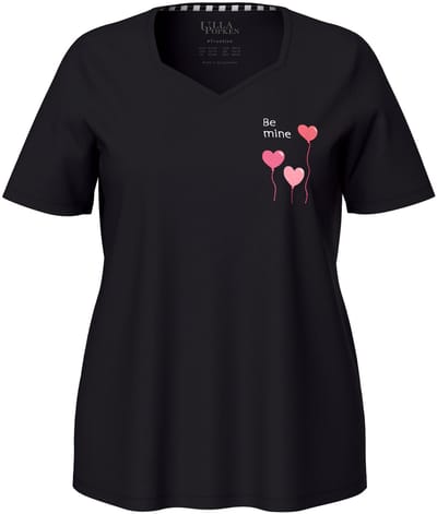Ulla Popken - Dames - Pyjamashirt harten korte mouwen - Zwart - Maat 50+