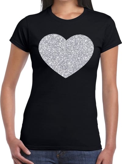 Feestkleding verkleedkleding t-shirt - met zilveren hartje - zwart - voor dames - Glitter and Glamour XS