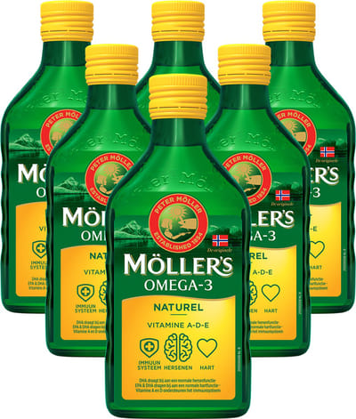 Möller's Omega-3 Levertraan Naturel - 6 x 250ml - Omega-3 visolie - Levertraan vloeibaar - Pure levertraan visolie